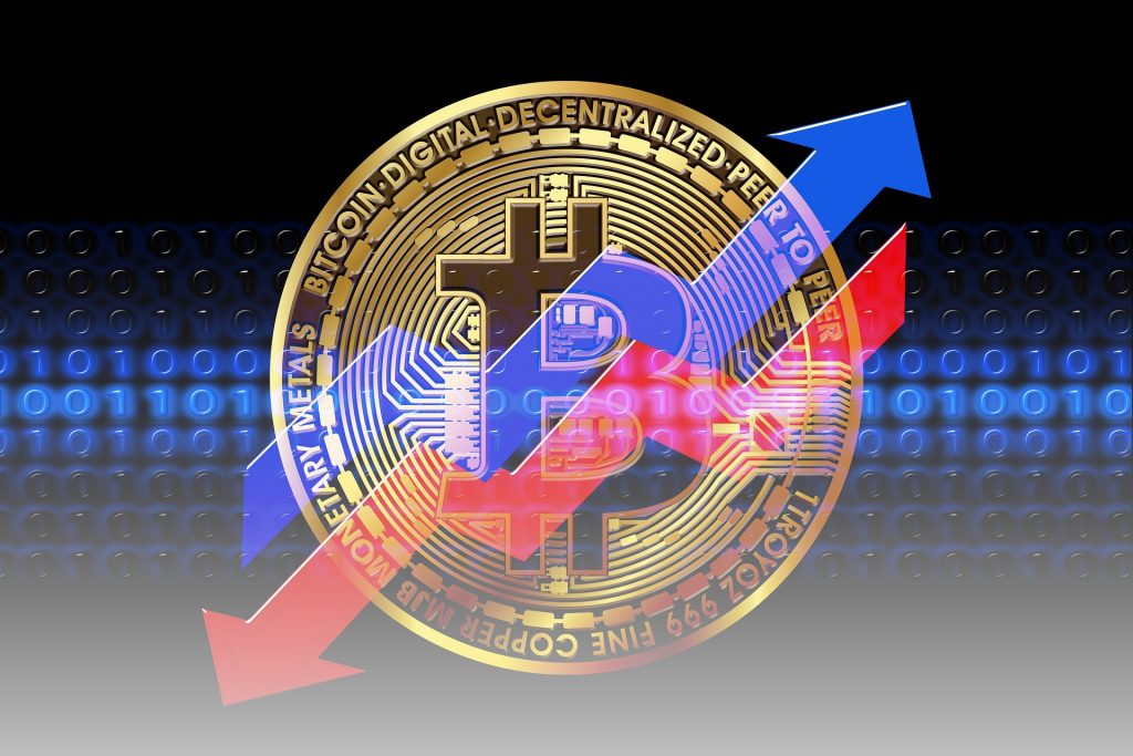 Bitcoin Münze mit 2 Pfeilen